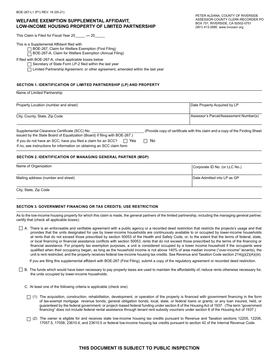 Form BOE-267-L1 Welfare Exemption Supplemental Affidavit, Low-Income Housing Property of Limited Partnership - County of Riverside, California, Page 1