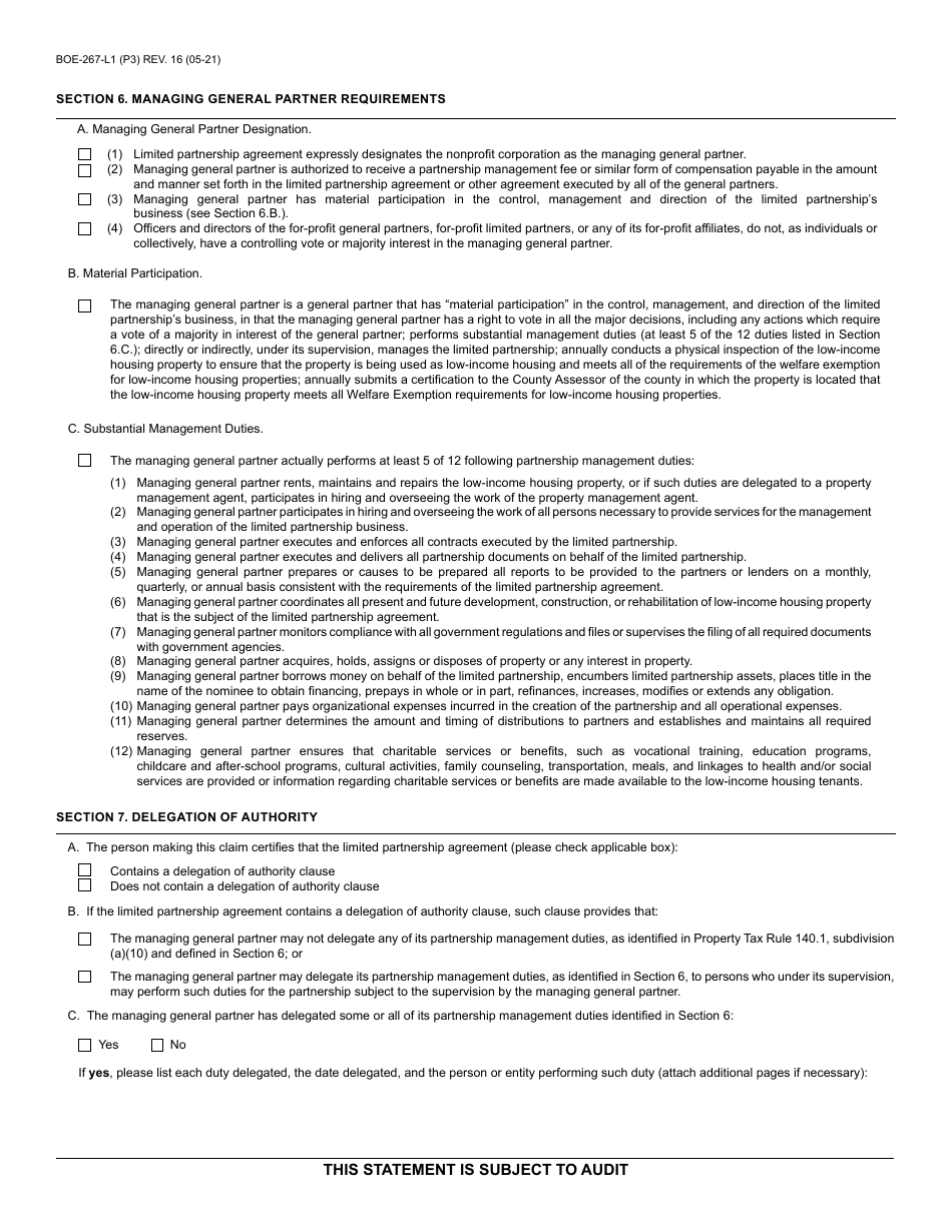 Form BOE-267-L1 Welfare Exemption Supplemental Affidavit, Low-Income Housing Property of Limited Partnership - County of Riverside, California, Page 3