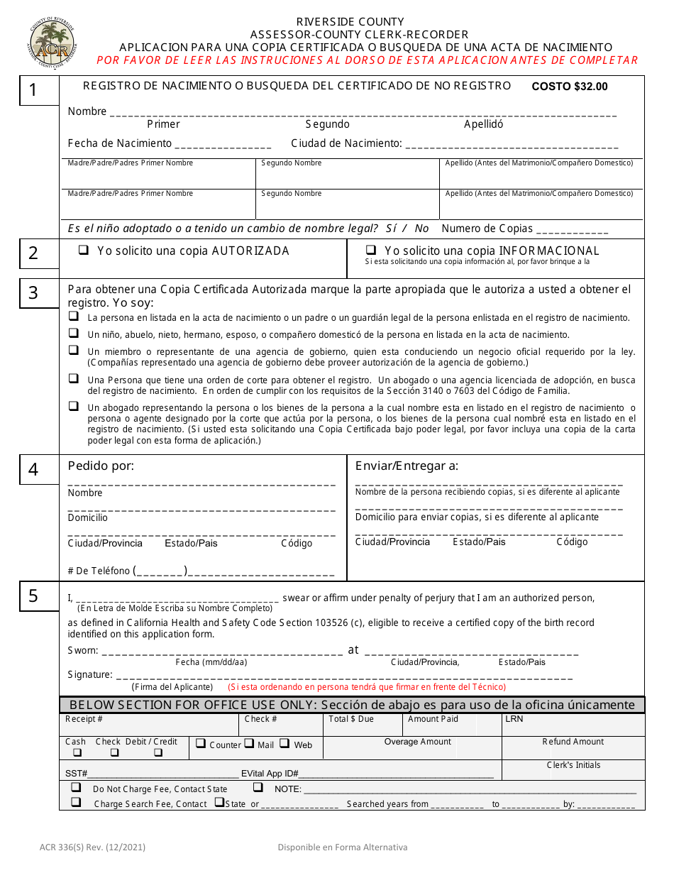 Formulario ACR336(S) Aplicacion Para Una Copia Certificada O Busqueda De Una Acta De Nacimiento - Riverside County, California (Spanish), Page 1