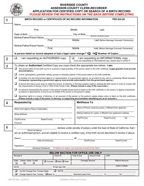Form ACR336 Application for Certified Copy or Search of a Birth Record - County of Riverside, California