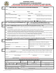 Form ACR336 Application for Certified Copy or Search of a Birth Record - County of Riverside, California