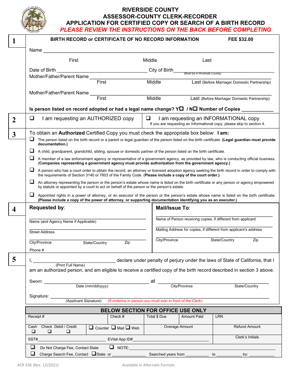 Form ACR336 Application for Certified Copy or Search of a Birth Record - County of Riverside, California, Page 1