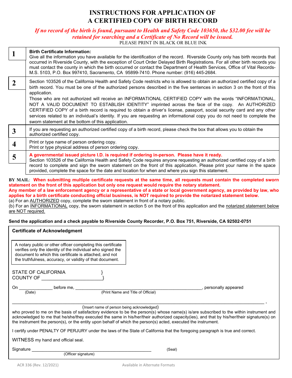 Form ACR336 Application for Certified Copy or Search of a Birth Record - County of Riverside, California, Page 2