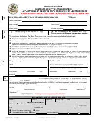 Form ACR406 &quot;Application for Certified Copy or Search of a Death Record&quot; - County of Riverside, California