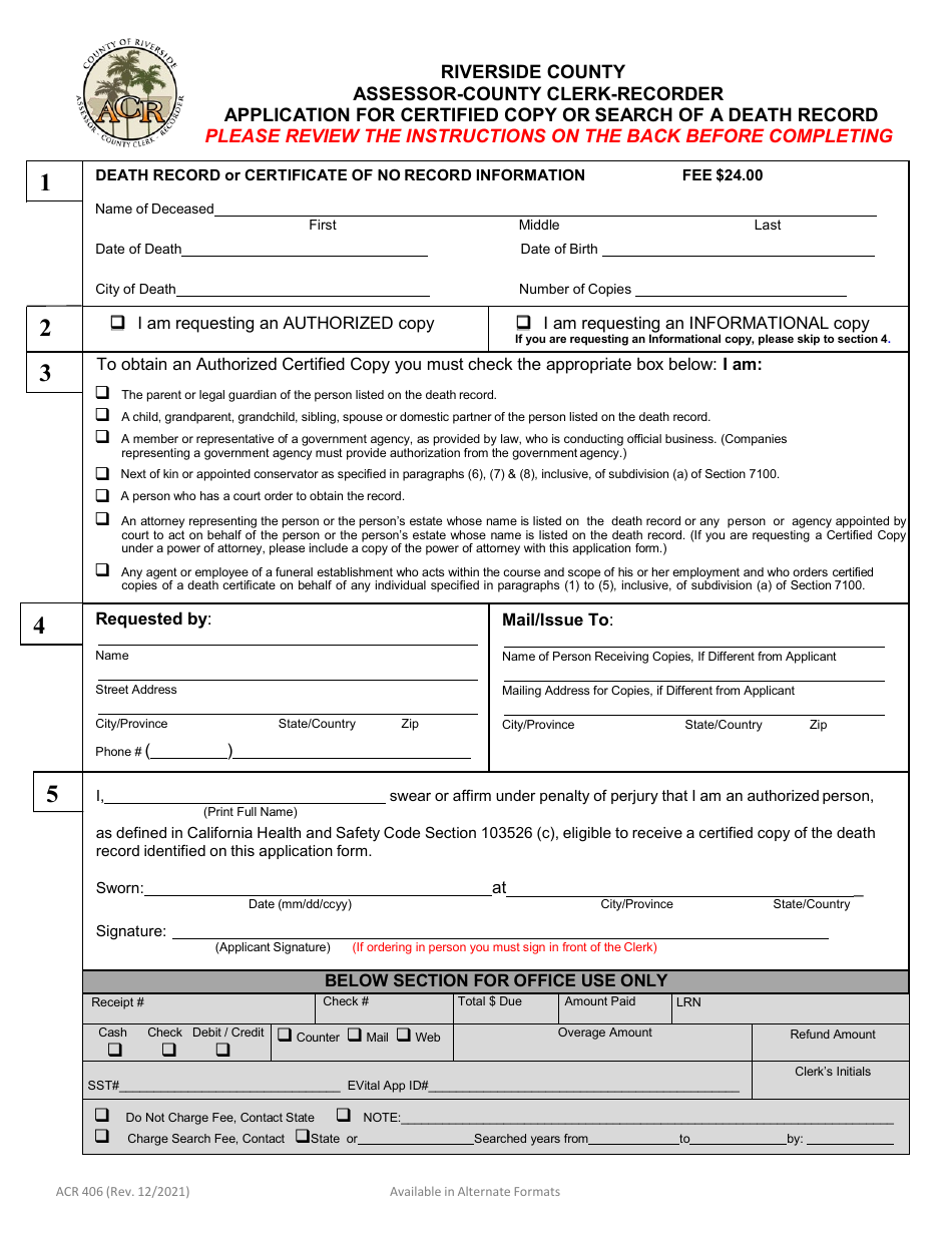Form ACR406 Application for Certified Copy or Search of a Death Record - County of Riverside, California, Page 1