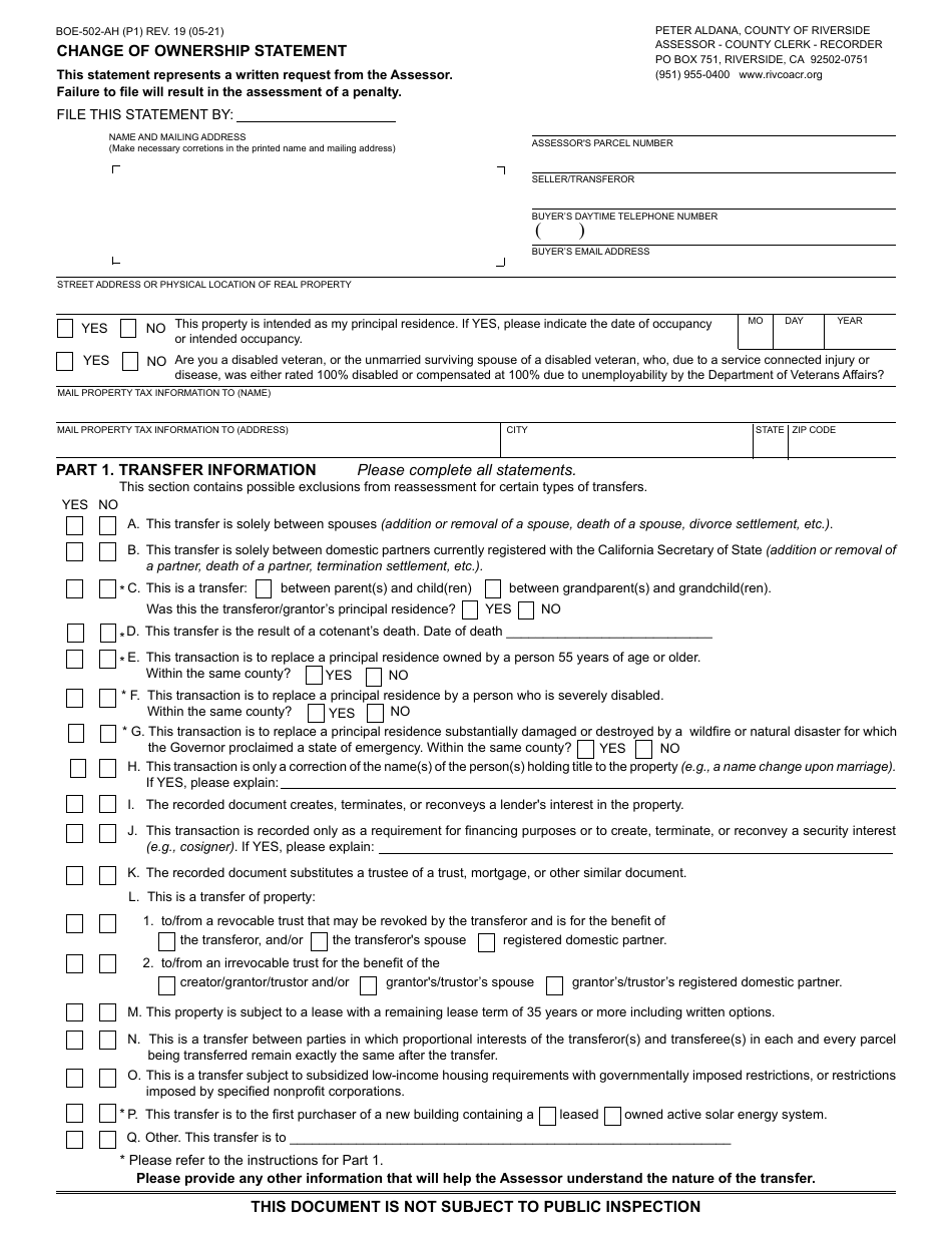 Form BOE-502-AH Change of Ownership Statement - County of Riverside, California, Page 1