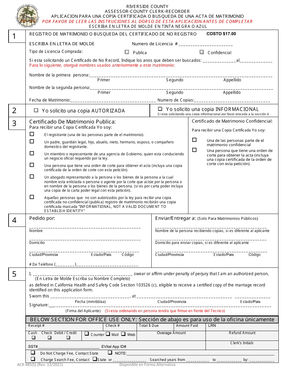 Formulario ACR485 Aplicacion Para Una Copia Certificada O Busqueda De Una Acta De Matrimonio - County of Riverside, California (Spanish), Page 1