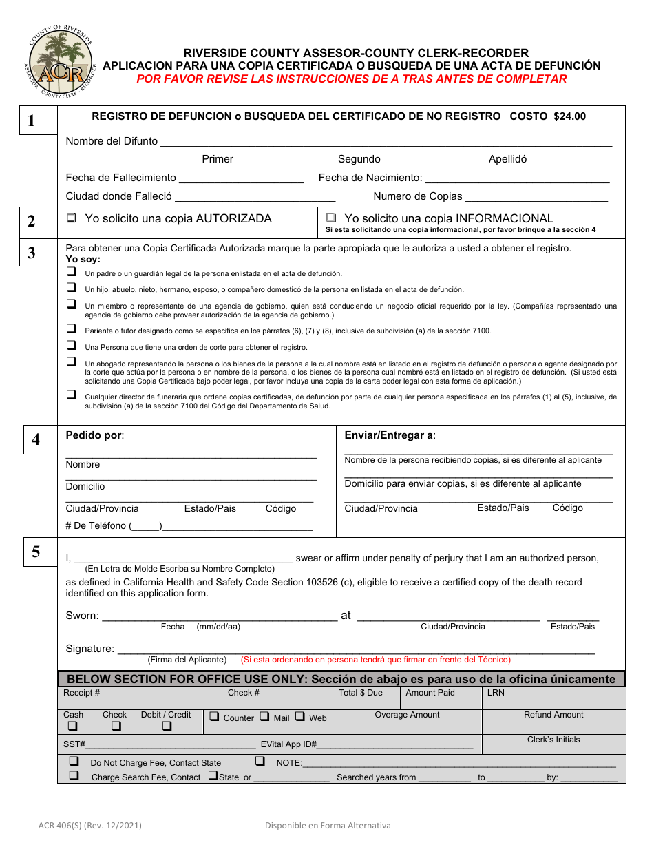 Formulario ACR406 Aplicacion Para Una Copia Certificada O Busqueda De Una Acta De Defuncion - County of Riverside, California (Spanish), Page 1