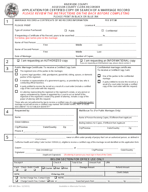 Form ACR485 Application for Certified Copy or Search of a Marriage Record - County of Riverside, California