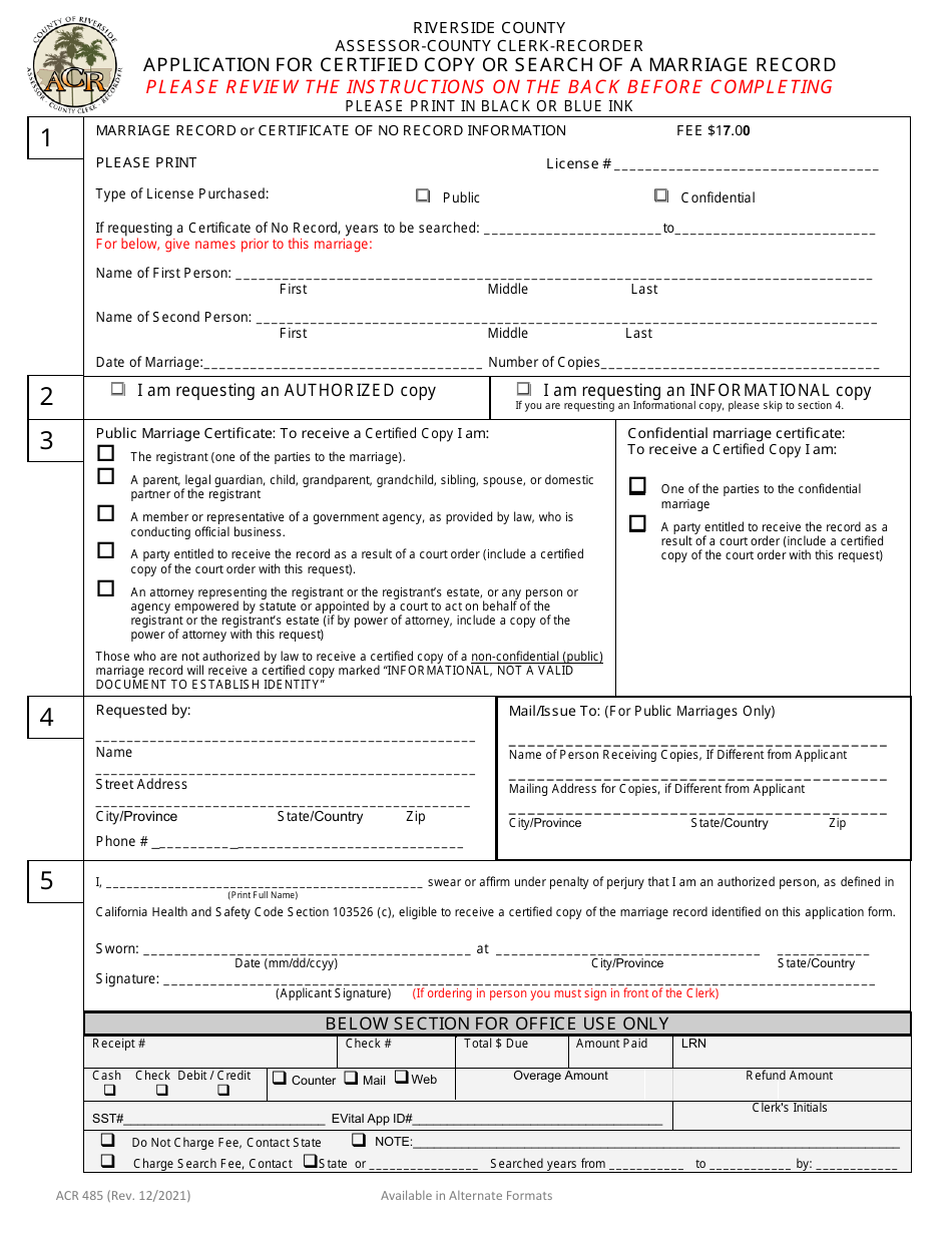 Form ACR485 Application for Certified Copy or Search of a Marriage Record - County of Riverside, California, Page 1