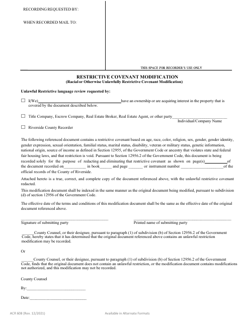 Form ACR608 Restrictive Covenant Modification (Racial or Otherwise Unlawfully Restrictive Covenant Modification) - California