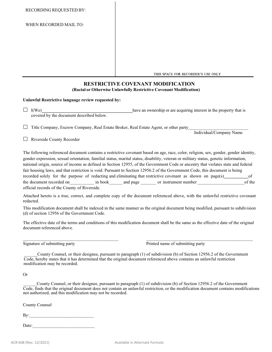 Form ACR608 Restrictive Covenant Modification (Racial or Otherwise Unlawfully Restrictive Covenant Modification) - California, Page 1