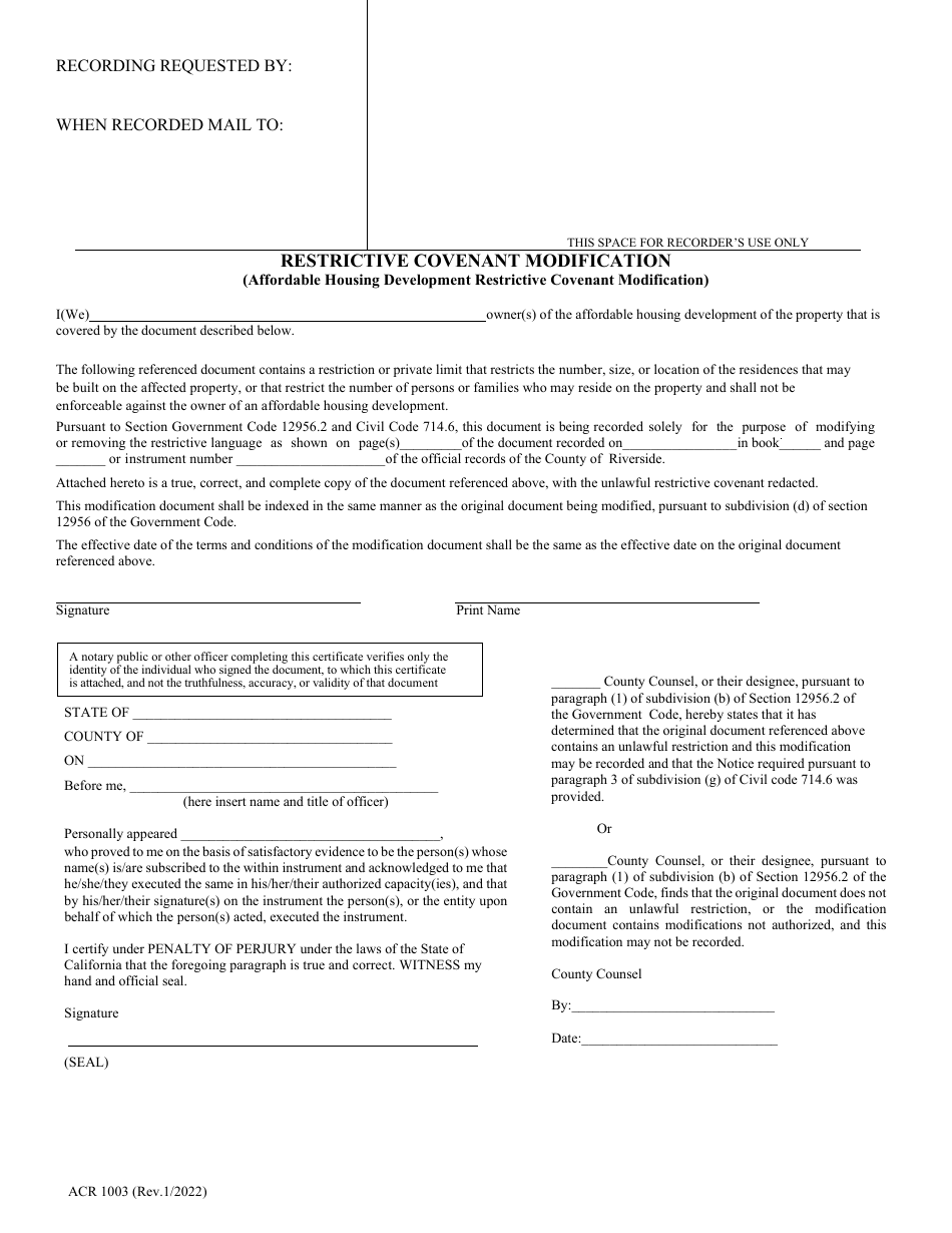 Form ACR1003 Restrictive Covenant Modification (Affordable Housing Development Restrictive Covenant Modification) - County of Riverside, California, Page 1