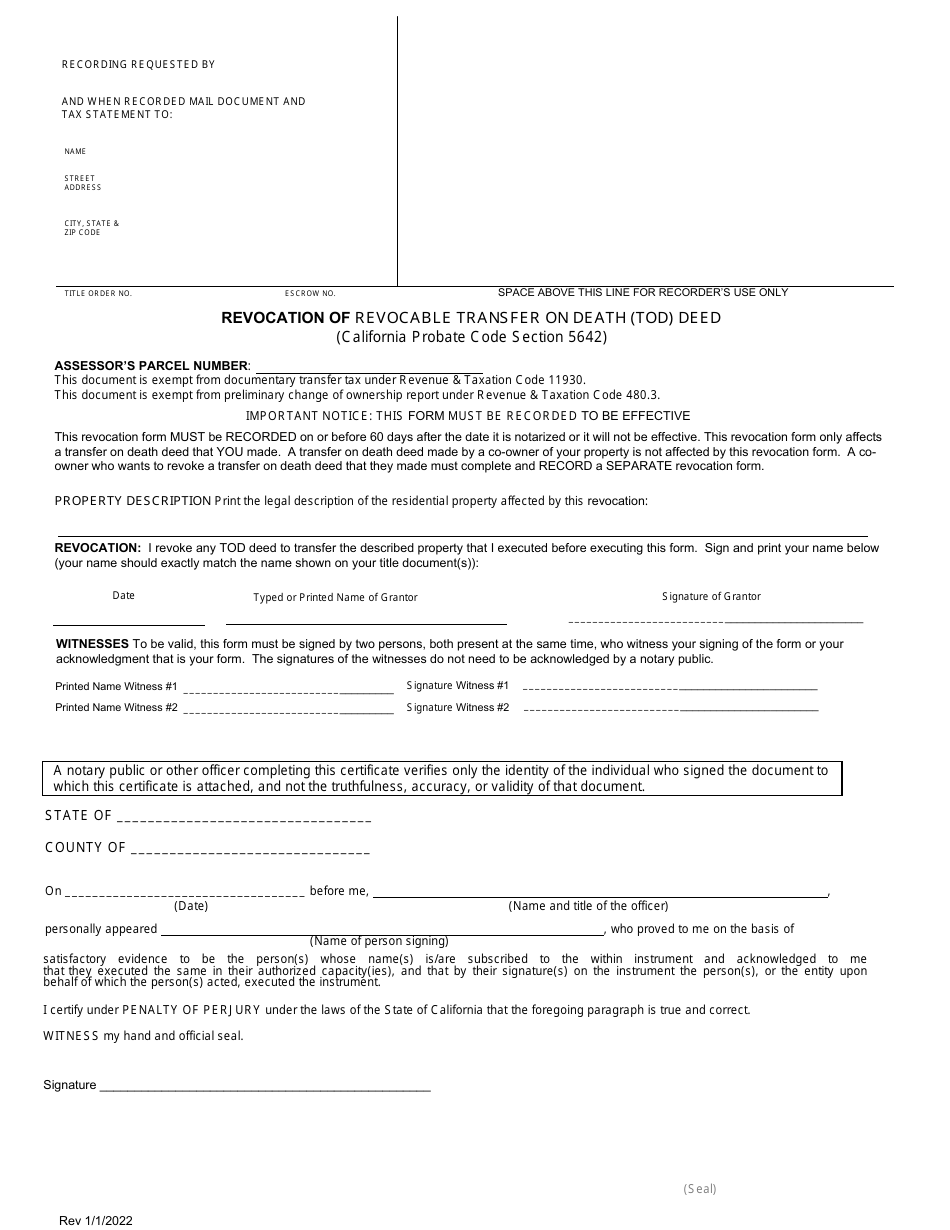 Revocation of Revocable Transfer on Death (Tod) Deed - County of Los Angeles, California, Page 1