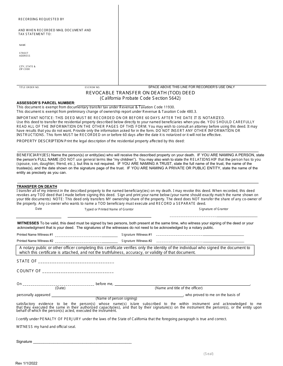 Revocable Transfer on Death (Tod) Deed - County of Los Angeles, California, Page 1