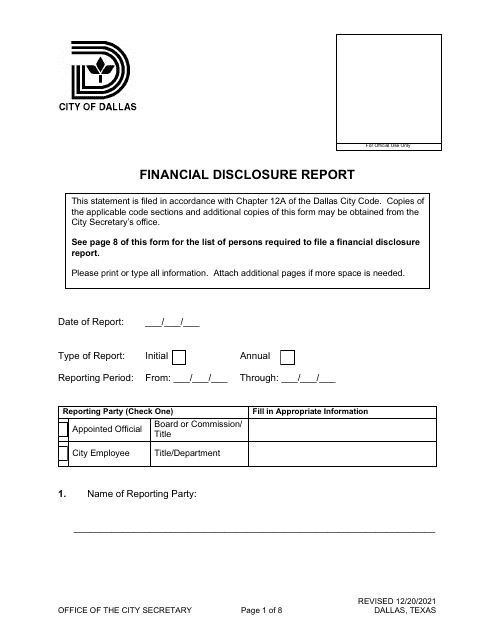 Financial Disclosure Report - City of Dallas, Texas Download Pdf