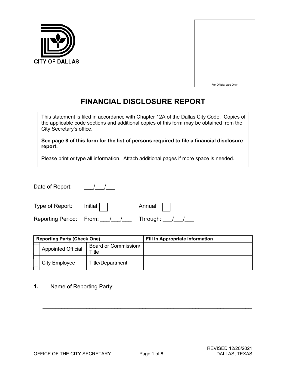 Financial Disclosure Report - City of Dallas, Texas, Page 1