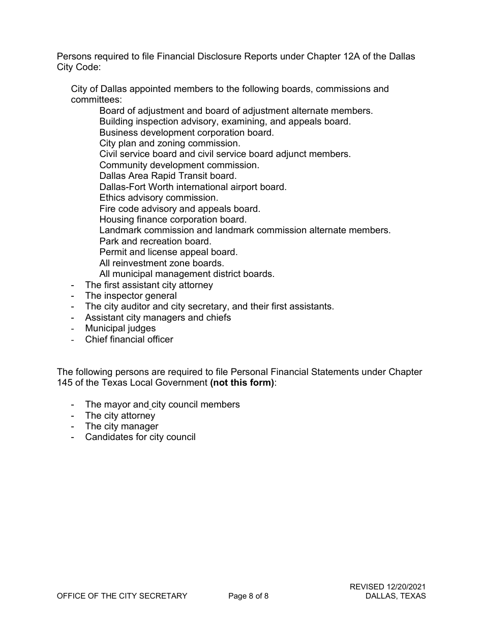 Financial Disclosure Report - City of Dallas, Texas, Page 8
