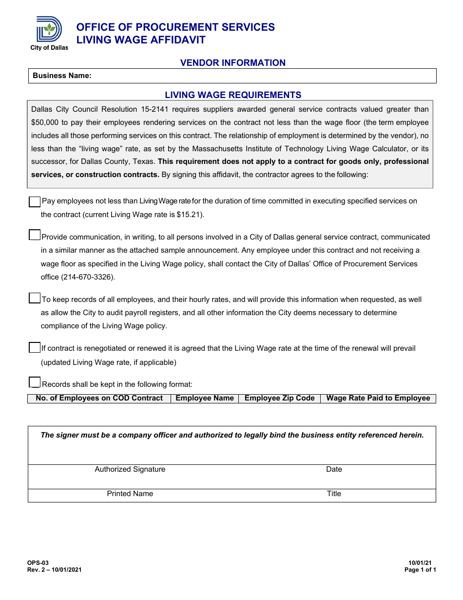 Form OPS-03 Living Wage Affidavit - City of Dallas, Texas, Page 1