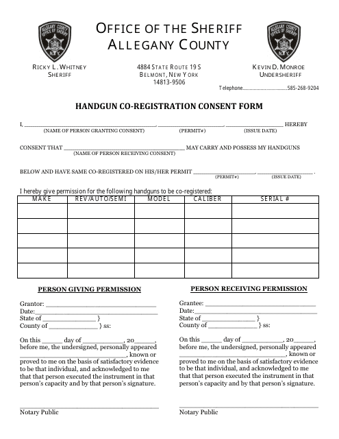 Handgun Co-registration Consent Form - Allegany County, New York Download Pdf