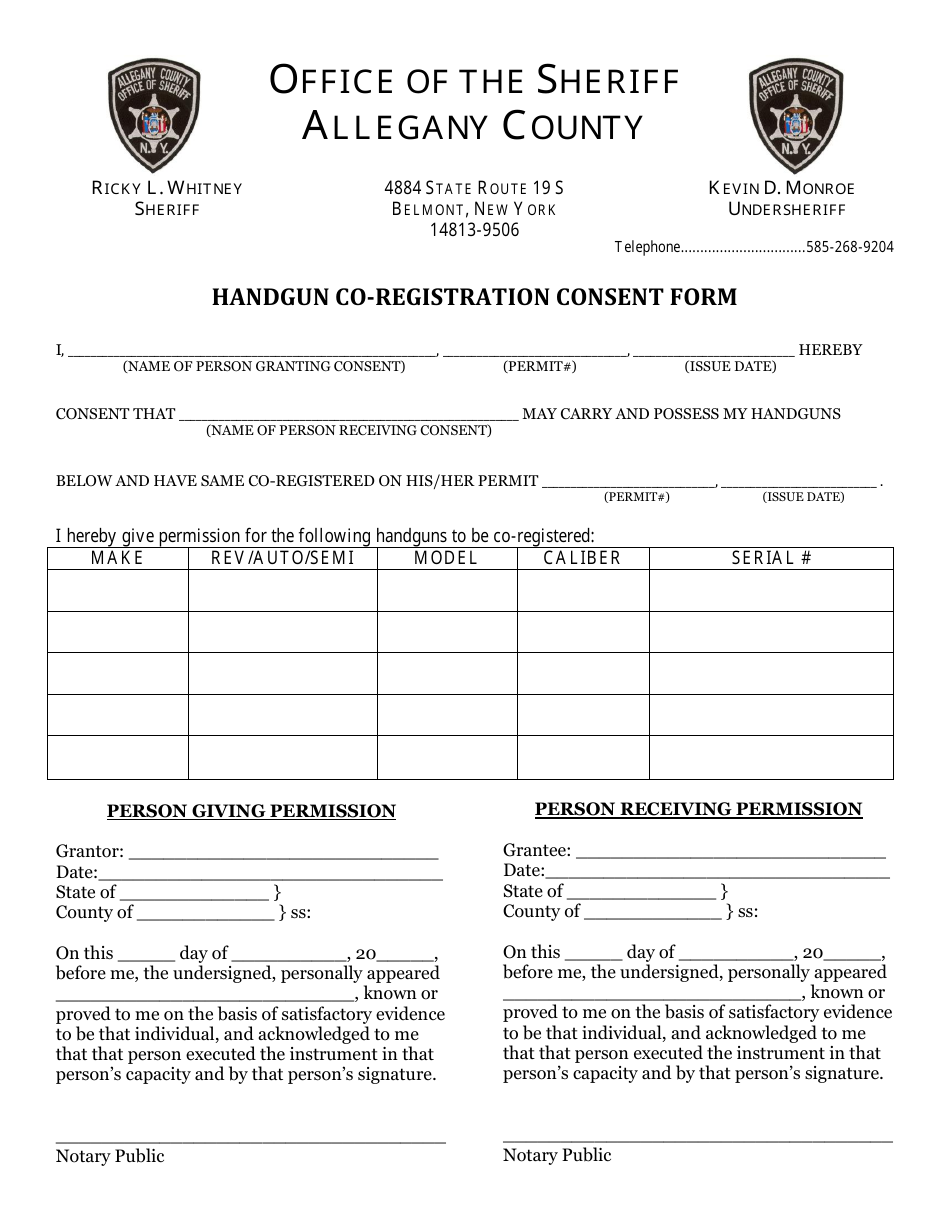 Handgun Co-registration Consent Form - Allegany County, New York, Page 1