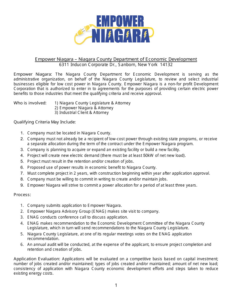 Niagara County, New York Application for Empower Niagara Assistance