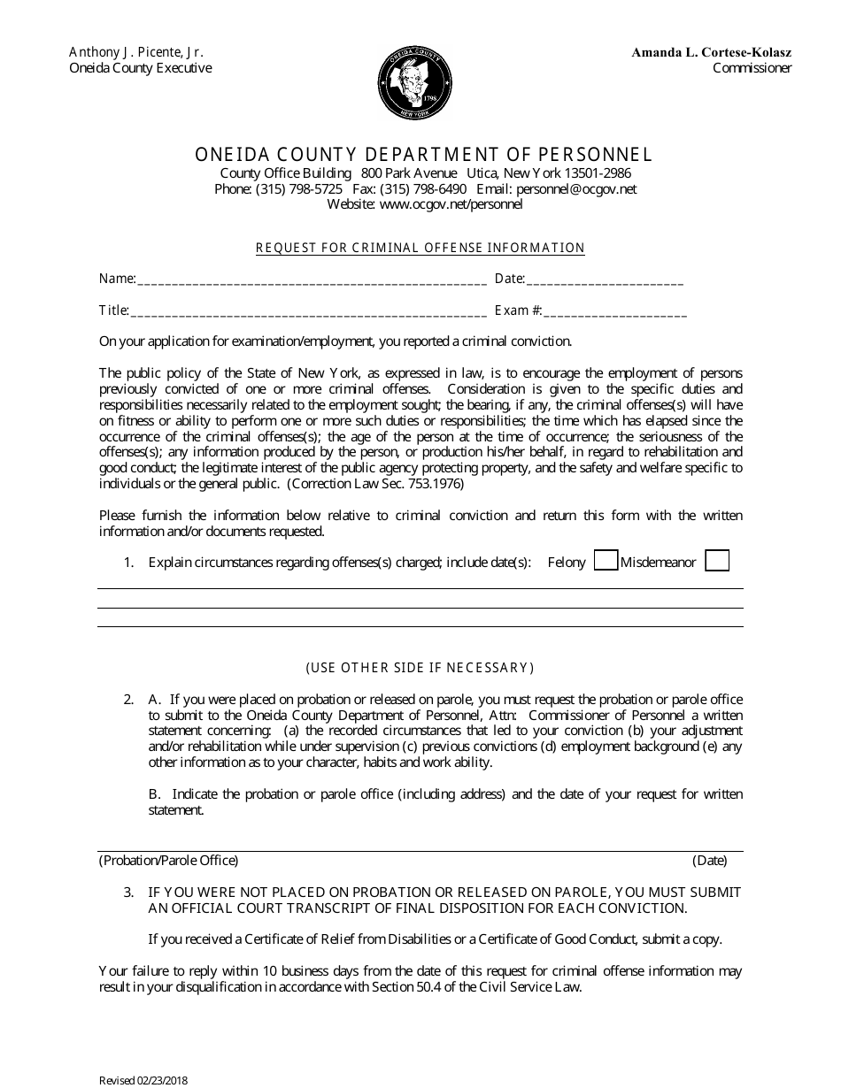 Request for Criminal Offense Information - Oneida County, New York, Page 1