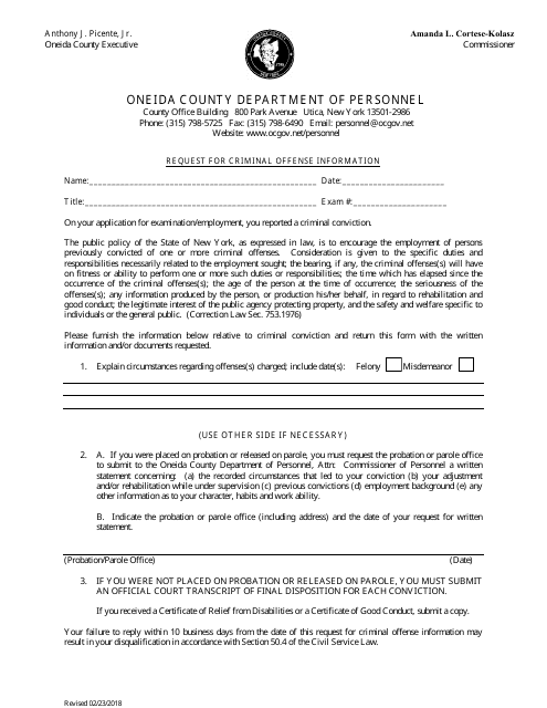 Request for Criminal Offense Information - Oneida County, New York Download Pdf