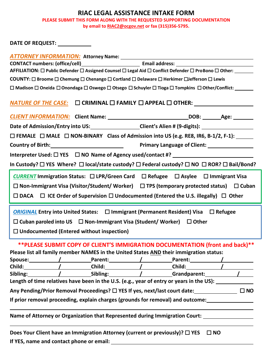 Riac Legal Assistance Intake Form - Oneida County, New York, Page 1