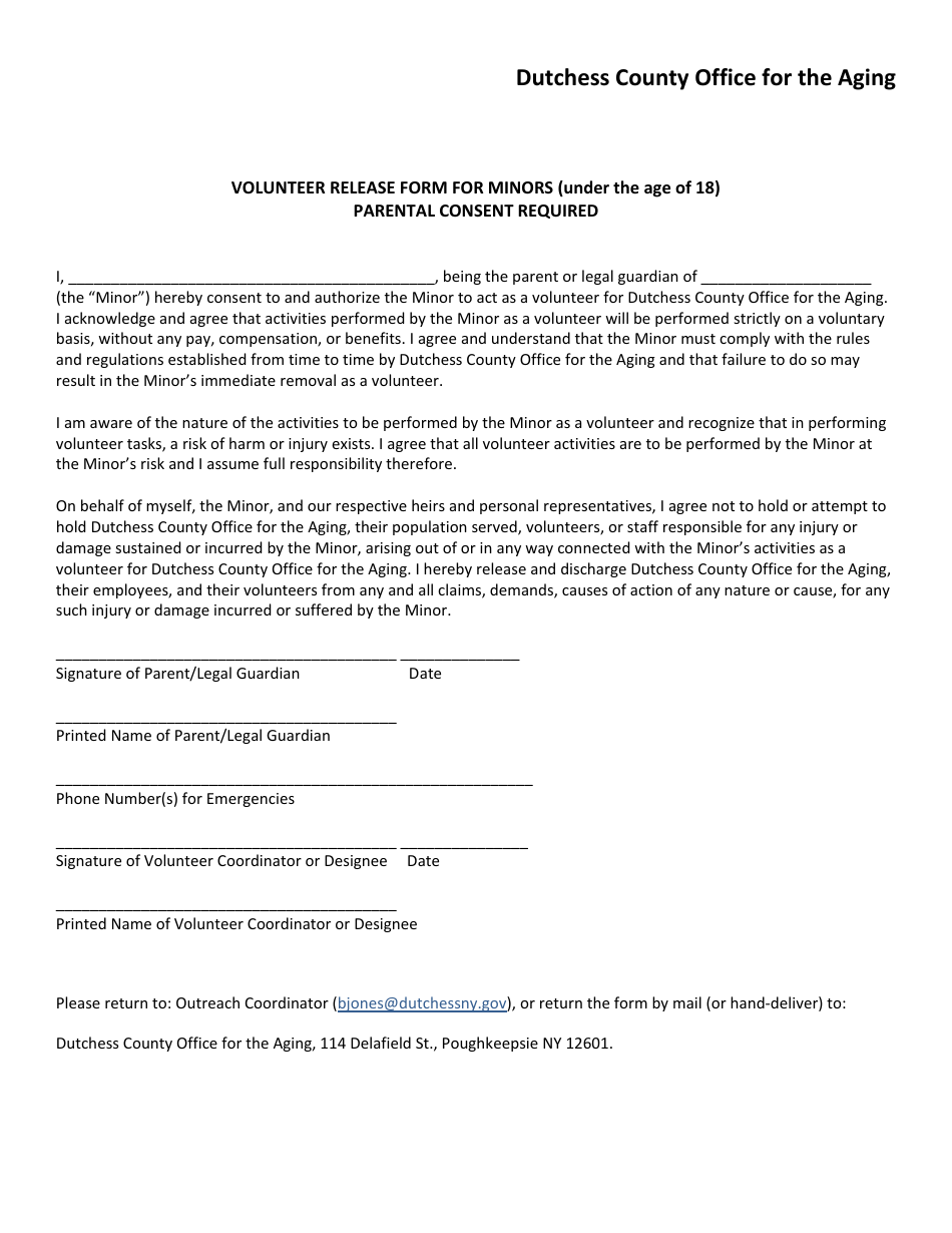 Volunteer Release Form for Minors (Under the Age of 18) - Dutchess County, New York, Page 1