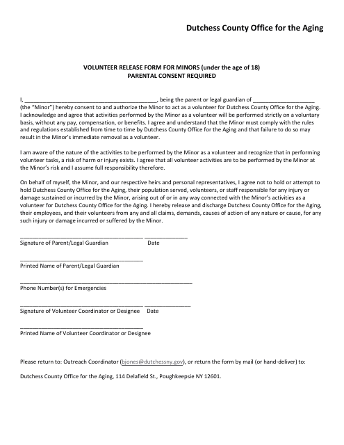 Volunteer Release Form for Minors (Under the Age of 18) - Dutchess County, New York