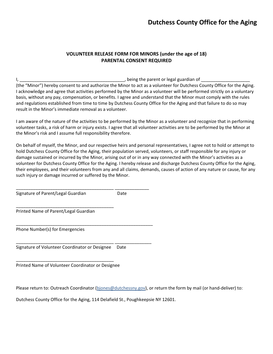 Dutchess County, New York Volunteer Release Form for Minors (Under the