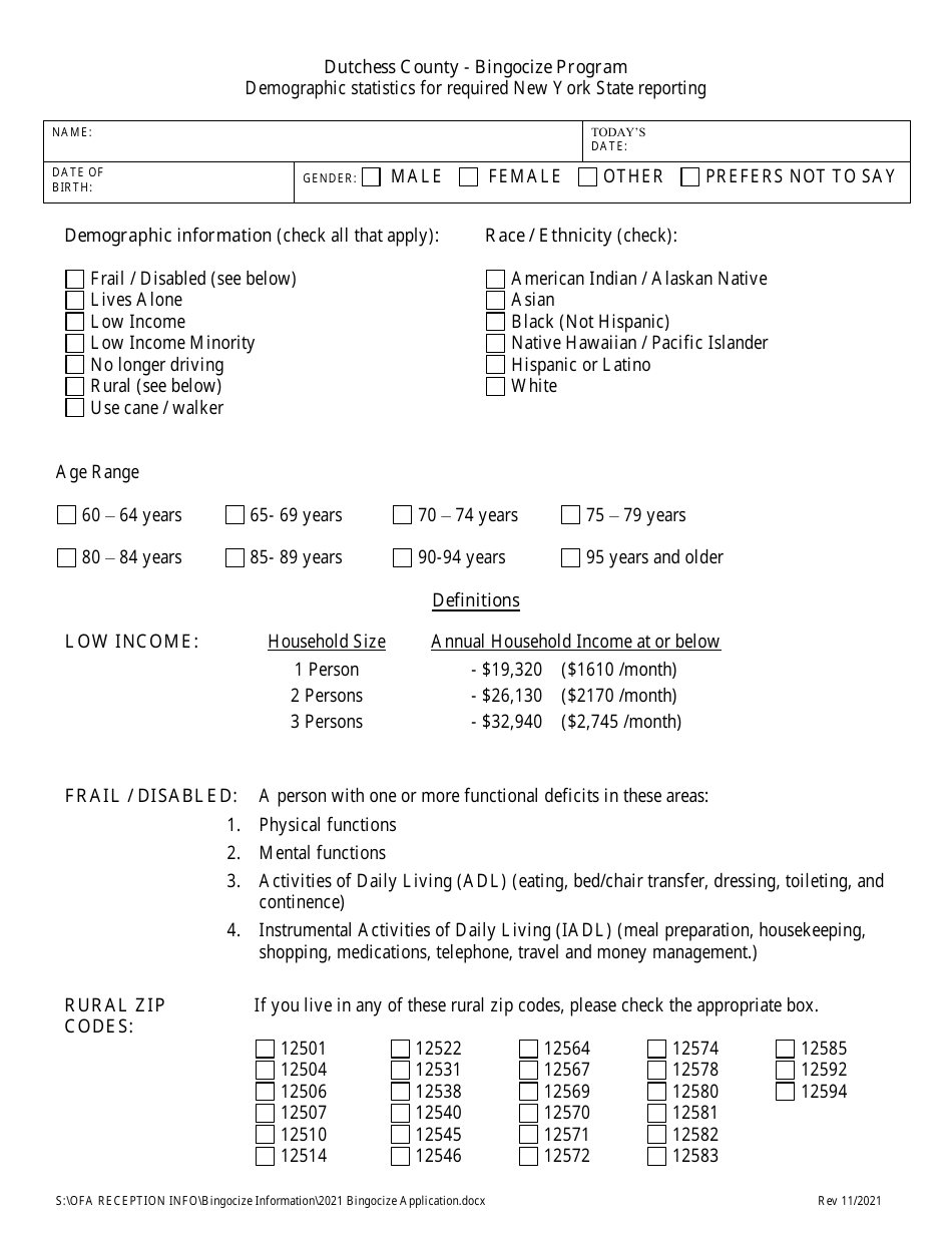 2022 Dutchess County, New York Bingocize Program Application Fill Out