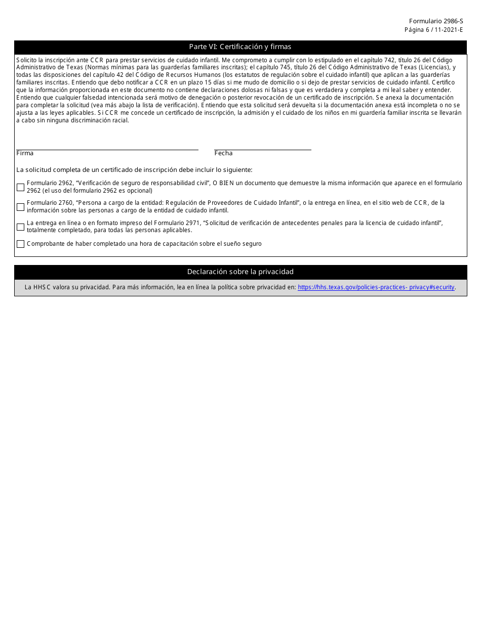 Formulario 2986-S Solicitud De Inscripcion - Texas (Spanish), Page 6
