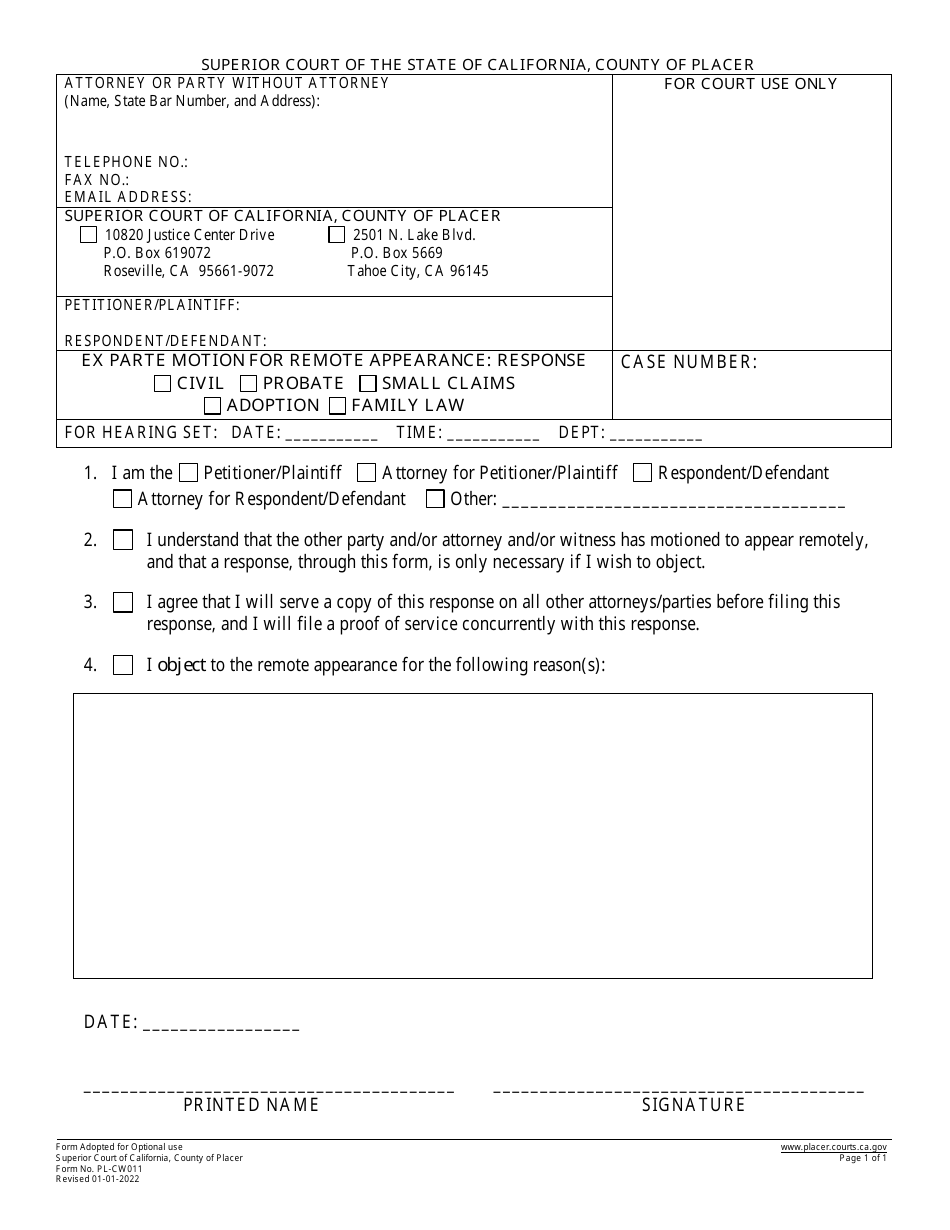 Form PL-CW011 Ex Parte Motion for Remote Appearance: Response - County of Placer, California, Page 1