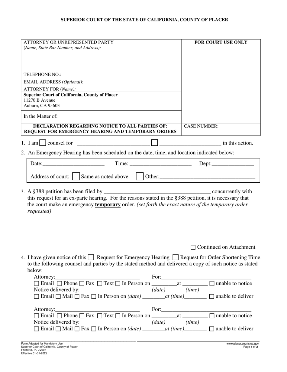Form PL-JV007 Request for Emergency Hearing and Temporary Orders - County of Placer, California, Page 1
