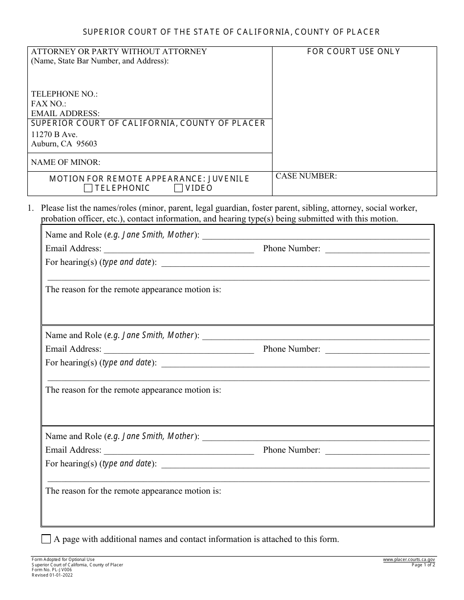 Form PL-JV006 Motion for Remote Appearance: Juvenile - County of Placer, California, Page 1