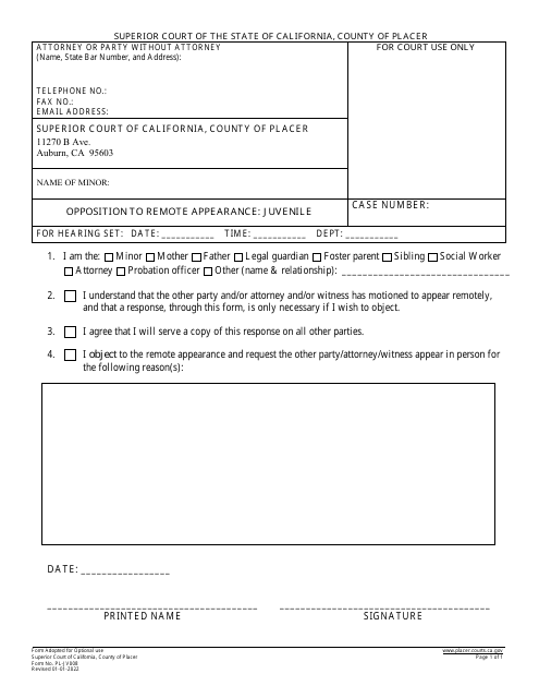 Form PL-JV008 Opposition to Remote Appearance: Juvenile - County of Placer, California