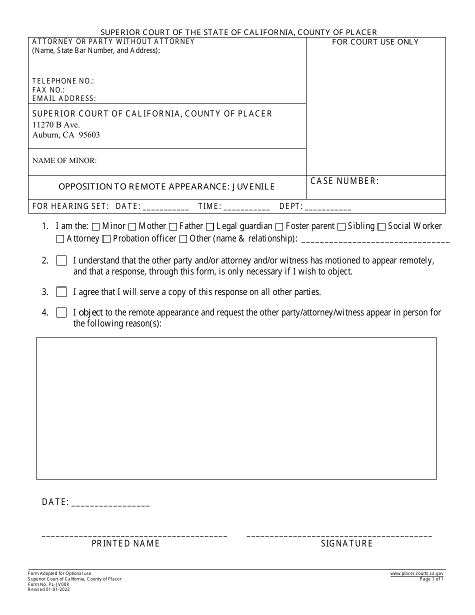 Form PL-JV008 Opposition to Remote Appearance: Juvenile - County of Placer, California, Page 1