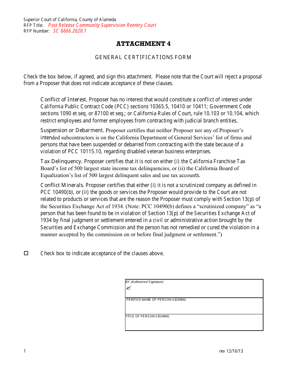 Attachment 4 General Certifications Form - County of Alameda, California, Page 1
