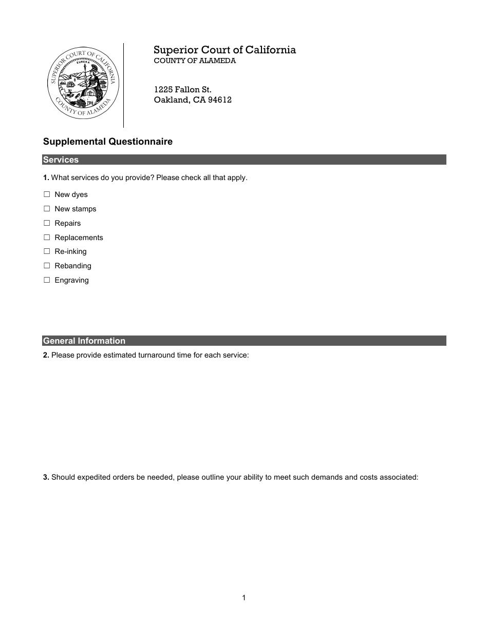 Supplemental Questionnaire - County of Alameda, California, Page 1