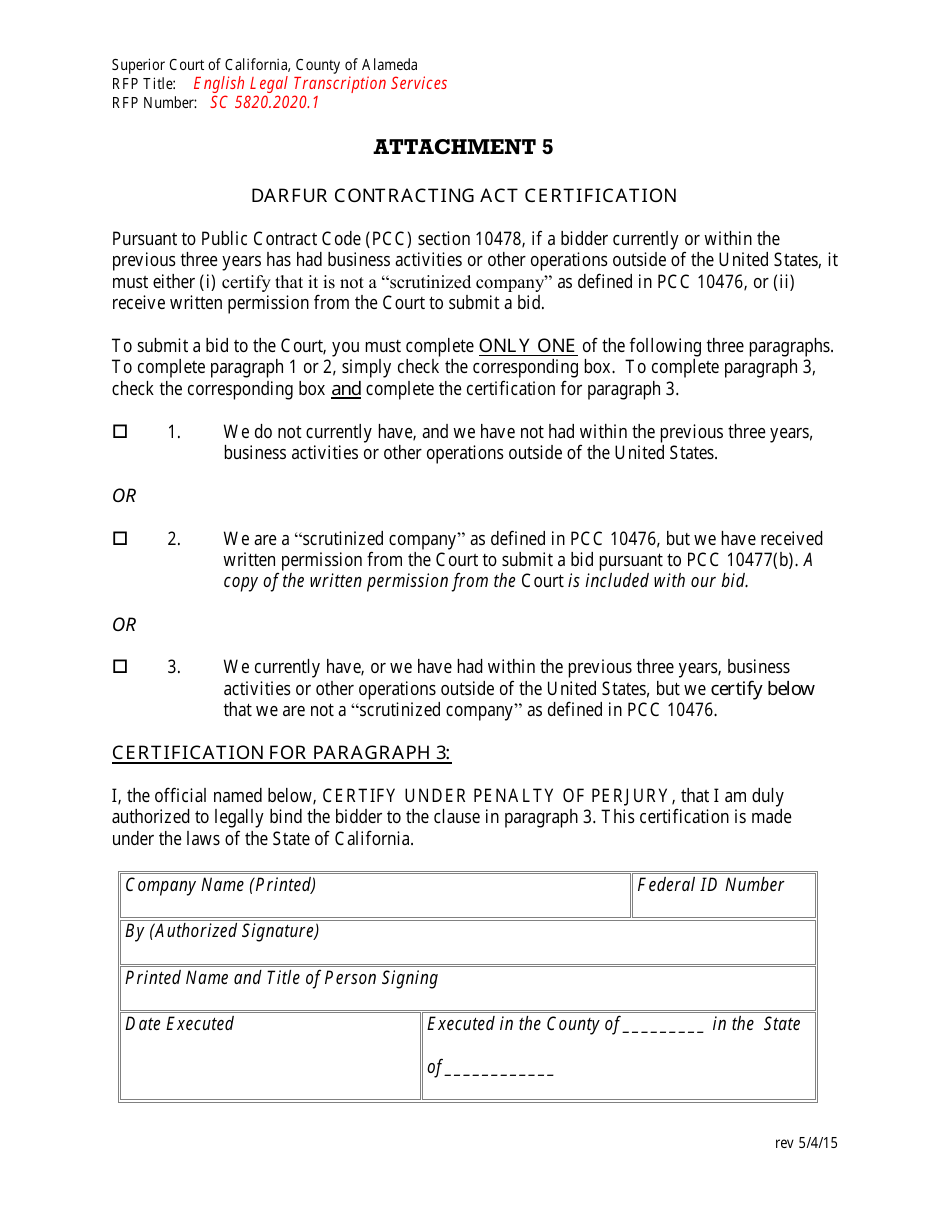 Attachment 5 Darfur Contracting Act Certification - County of Alameda, California, Page 1