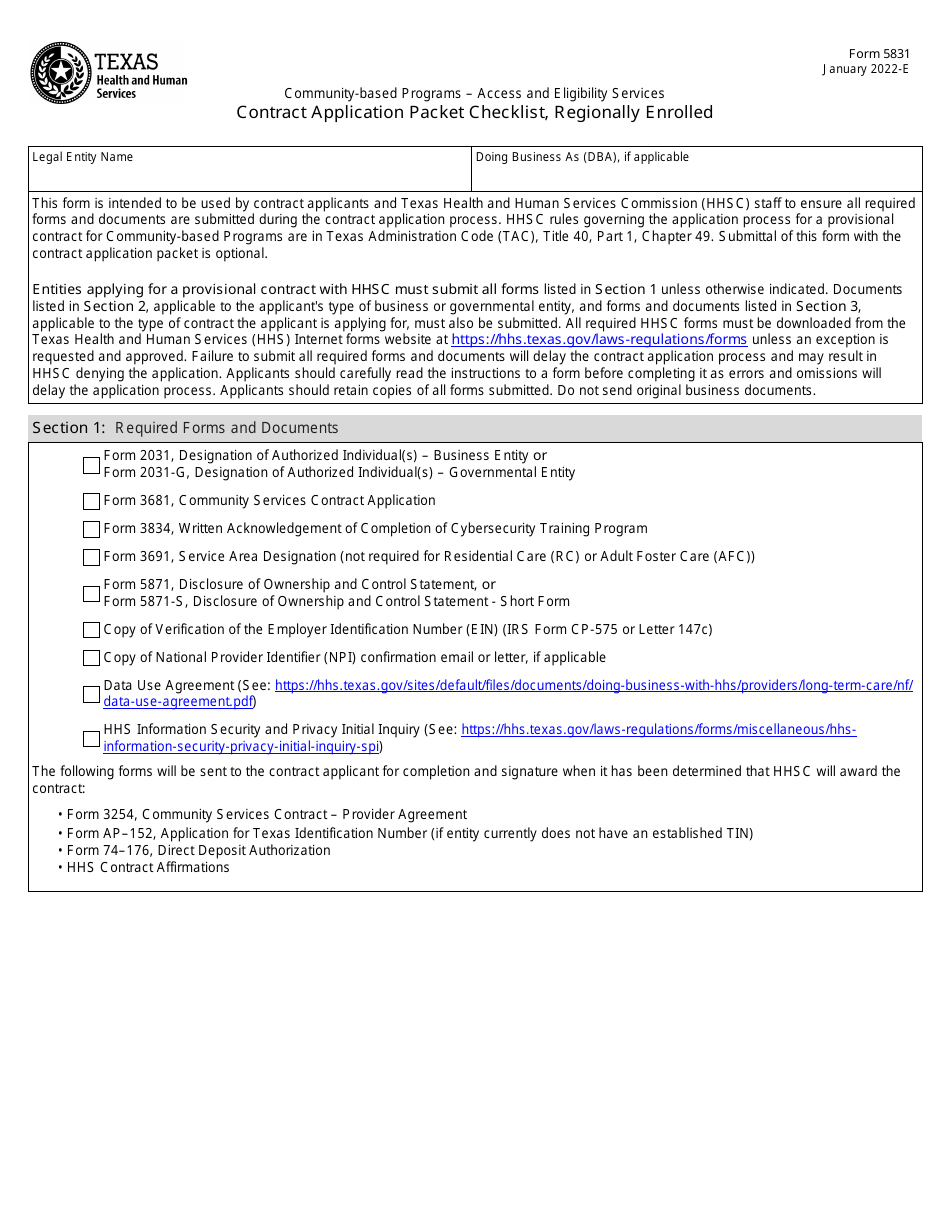Form 5831 Contract Application Packet Checklist, Regionally Enrolled - Texas, Page 1