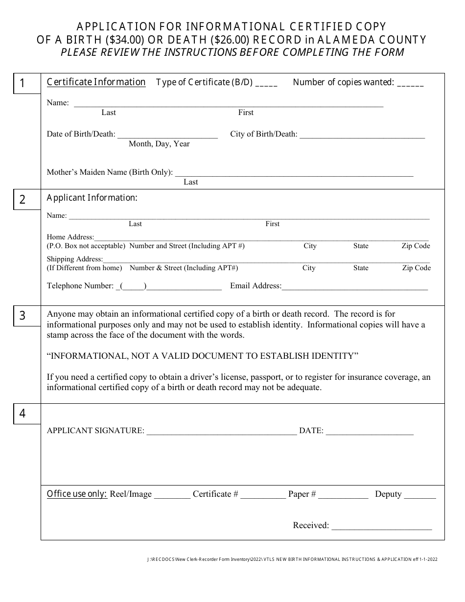 Application for Informational Certified Copy of a Birth or Death Record - County of Alameda, California, Page 2