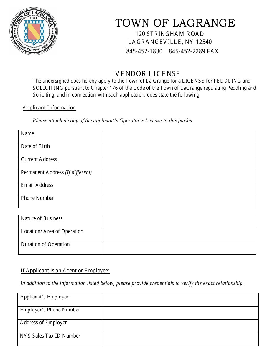 Town of LaGrange, New York Vendor License Fill Out, Sign Online and