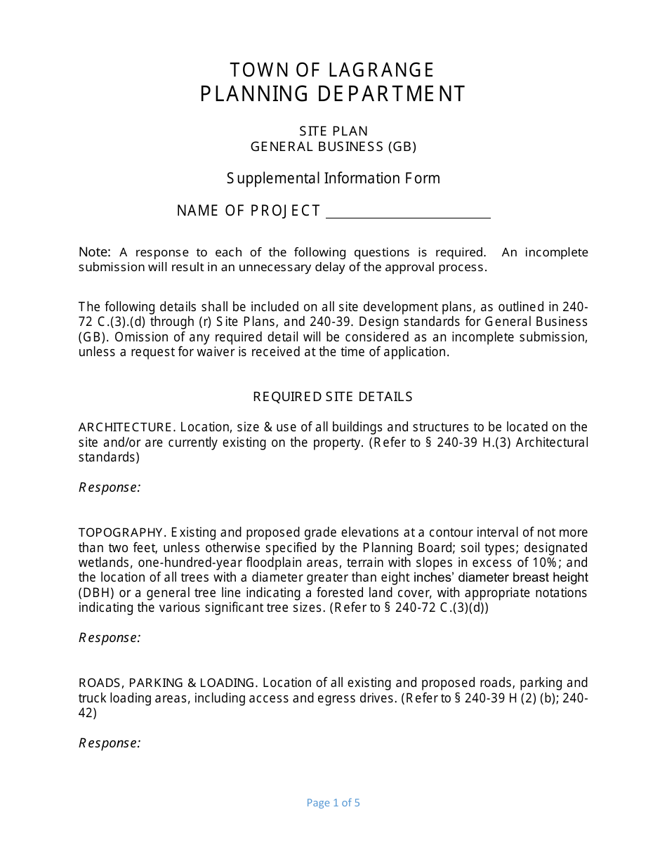 Town of LaGrange, New York Site Plan General Business (Gb) Supplemental