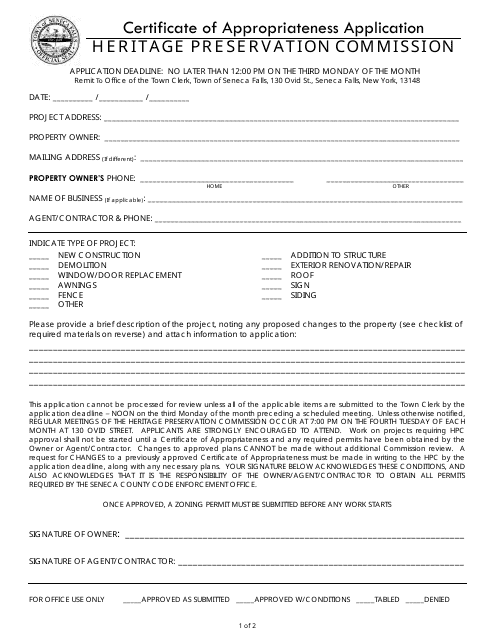 Certificate of Appropriateness Application - Town of Seneca Falls, New York