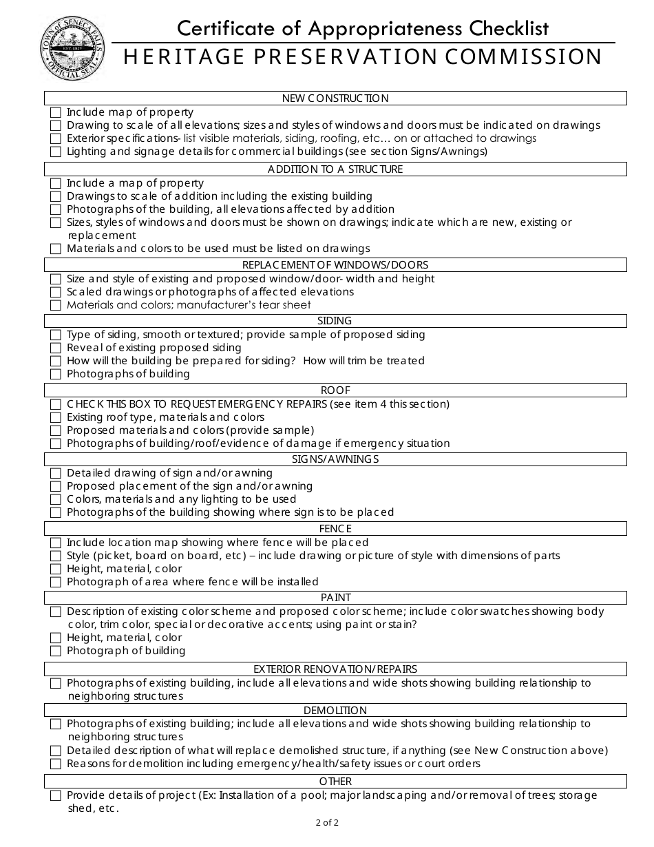 Certificate of Appropriateness Application - Town of Seneca Falls, New York, Page 2