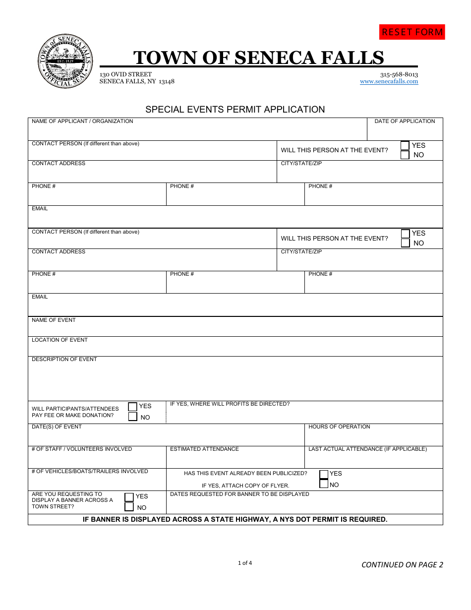 Special Events Permit Application - Town of Seneca Falls, New York, Page 1