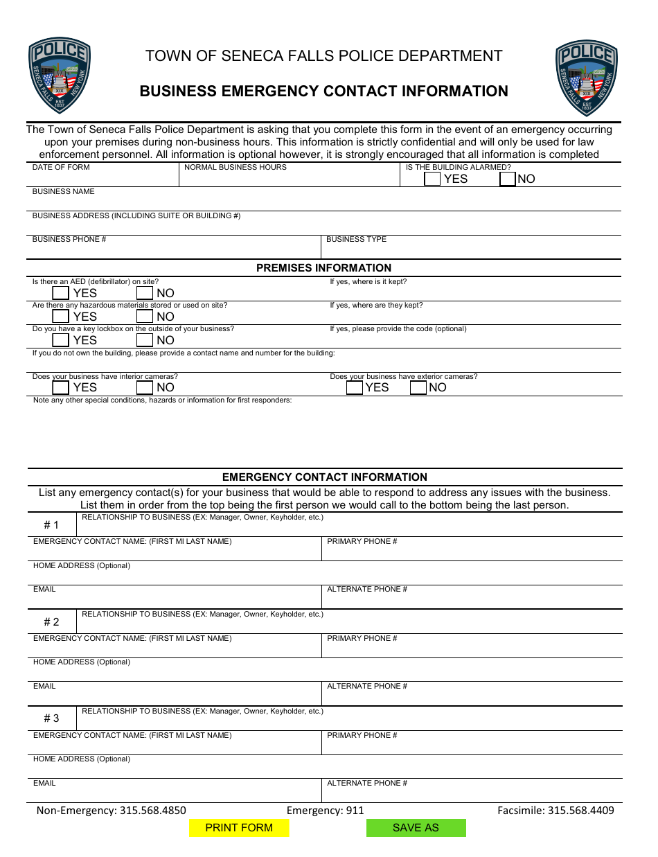 Town of Seneca Falls, New York Business Emergency Contact Information